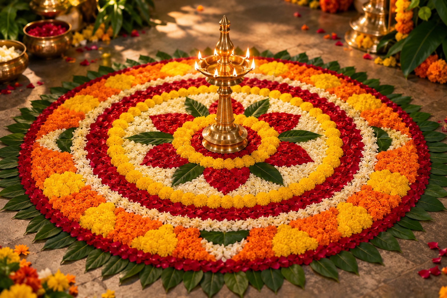 An Onam pookalam flower carpet