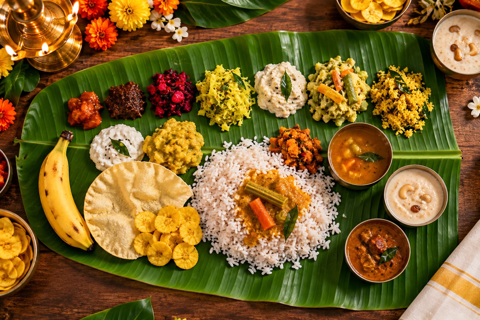Onam sadya served on a banana leaf