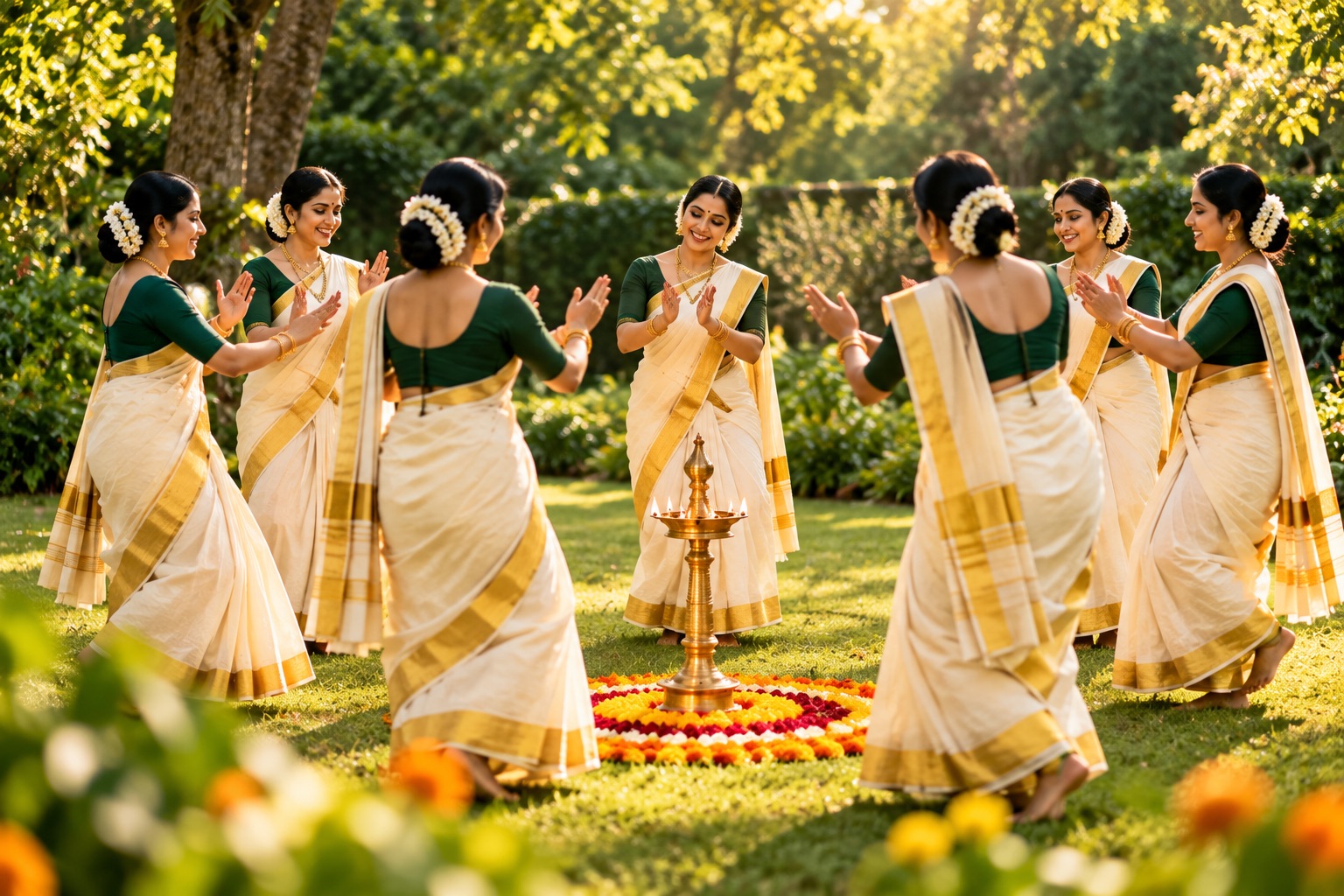 Thiruvathira dancers in kasavu sarees